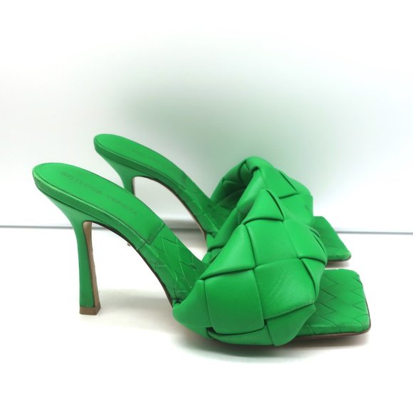 BOTTEGA VENETA LIDO MULES GRASS INTRECCIATO LEATHER SIZE 37.5 HIGH HEEL SANDALS - Picture 3 of 12
